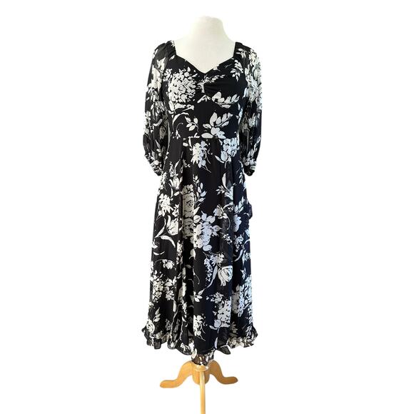 Rachel Zoe Black Cream Floral Puff Quarter Sleeve Flowy Ruffle Midi Dress Size 6 - Picture 1 of 15